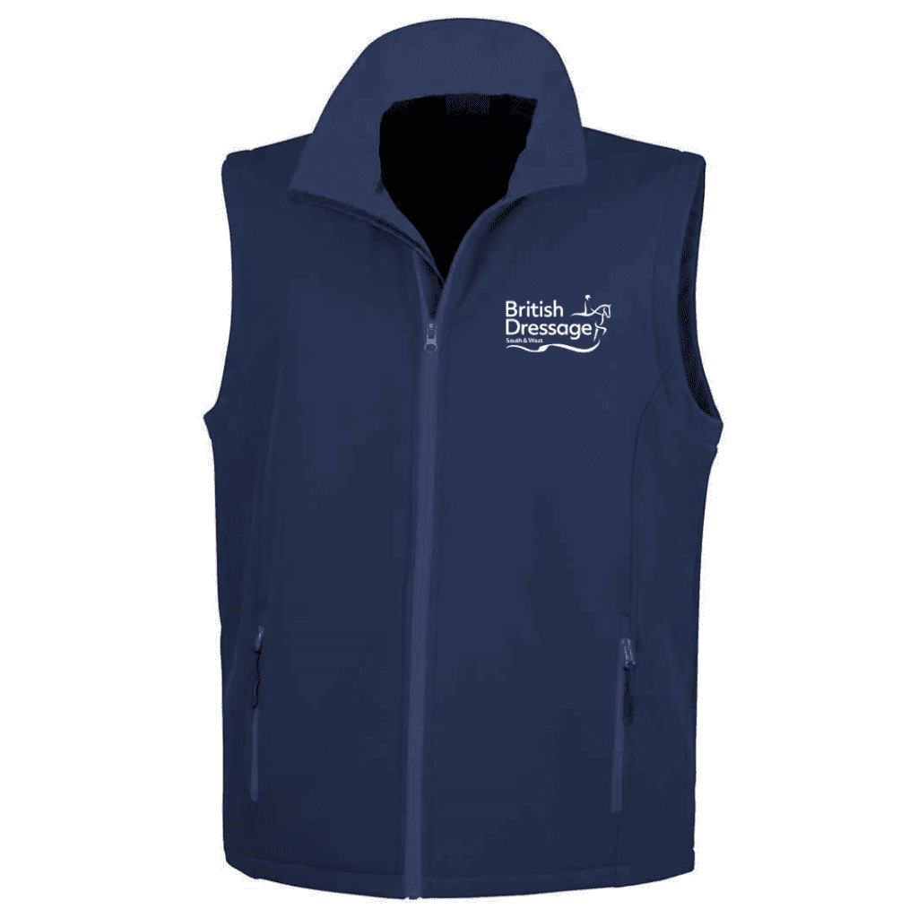 British dressage navy unisex gilet which features white printed Senior Inter Regionals text on the back