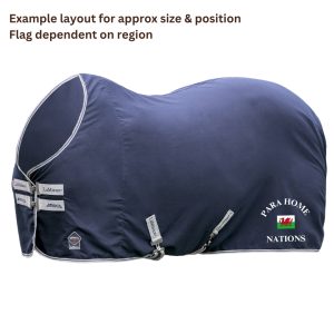 navy blue lemieux arika stable sheet with welsh flag embroidered and text reading Para Home Nations
