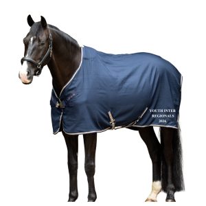 Kudos stable sheet in navy. Shows Youth Inter Regionals embroidery to one side.